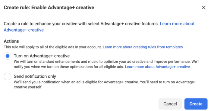 自動規則啟用 Advantage+ 創意